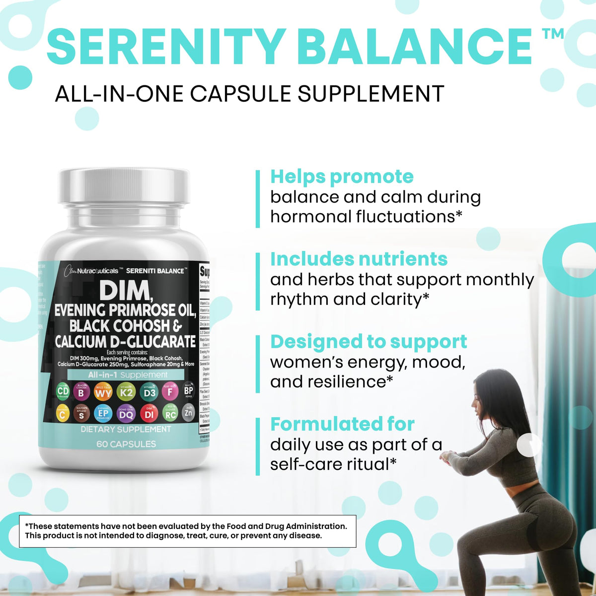 Clean Nutraceuticals DIM Evening Primrose Black Cohosh Calcium D-Glucarate Sulforaphane Flax Seed Extract - Hormonal Support Vitamins for Women with Dong Quai - 60 Caps Clean NutraceuticalsBuy Supplements Australia