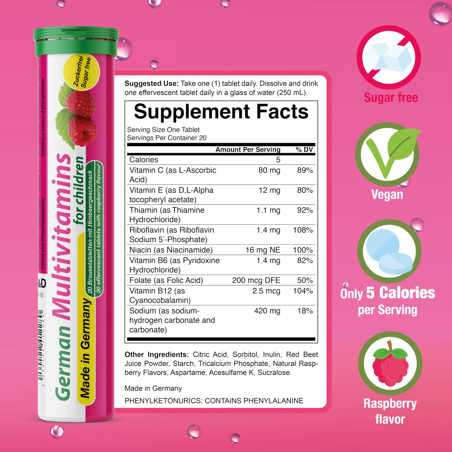 T&D German Multivitamin for Children 60 Drink Effervescent Tablets - Sweet Raspberry Flavour, Sugar Free, Vegan - Vitamin C, E, B1, B2, B6, B12 T&DBuy Supplements Australia