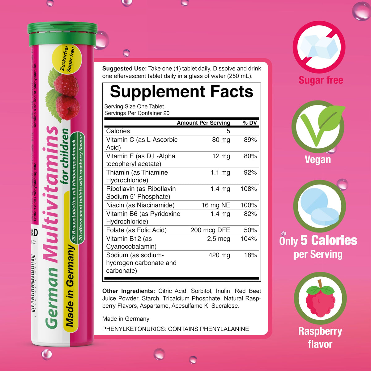 T&D German Multivitamin for Children 60 Drink Effervescent Tablets - Sweet Raspberry Flavour, Sugar Free, Vegan - Vitamin C, E, B1, B2, B6, B12 T&DBuy Supplements Australia