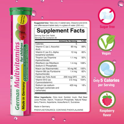 T&D German Multivitamin for Children 60 Drink Effervescent Tablets - Sweet Raspberry Flavour, Sugar Free, Vegan - Vitamin C, E, B1, B2, B6, B12 T&DBuy Supplements Australia