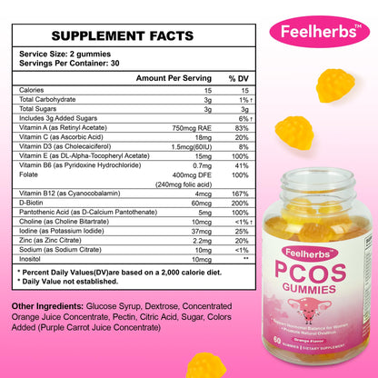 PCOS Gummies for Women Menstrual Cycle & Hormonal Balance, 60 Count Ovarian Support Gummies with Myo-Inositol, Folate and Vitamins, Orange Flavor PCOS Vitamins Gummies Helps Fertility and Ovulation FeelherbsBuy Supplements Australia
