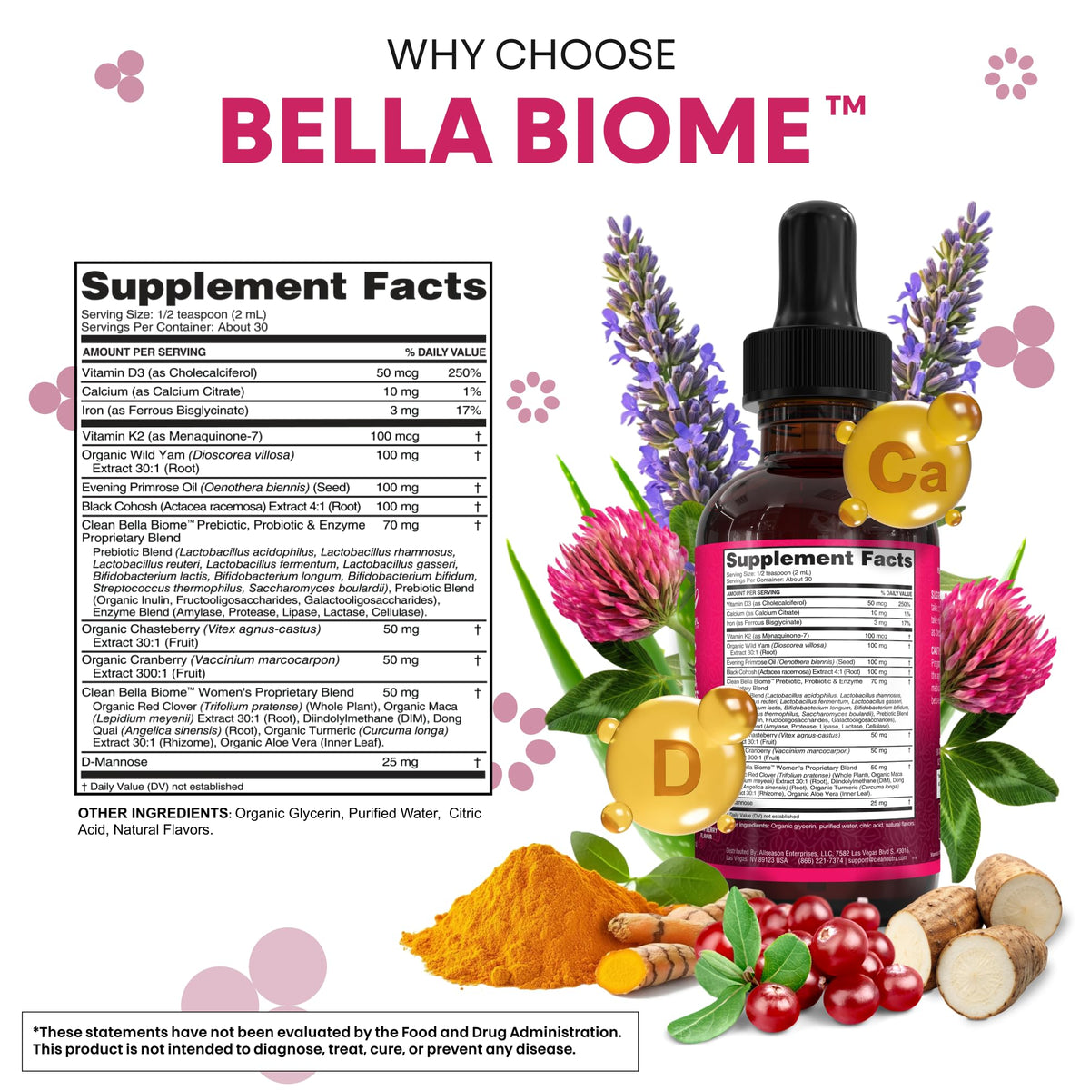 Liquid Probiotics for Women Drops with Chasteberry, Black Cohosh, Prebiotics, Digestive Enzymes, Evening Primrose Oil, Wild Yam, Cranberry Dmannose and Iron Vitamin D3 K2 Clean Nutra Bella Biotics Clean NutraceuticalsBuy Supplements Australia
