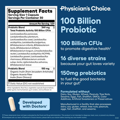 Physician's CHOICE 100 Billion Advanced Probiotic - 16 Strains + Organic Prebiotics - Digestive & Gut Health - Supports Occasional Constipation, Diarrhea, Gas & Bloating - Probiotics for Women & Men Physician's CHOICEBuy Supplements Australia