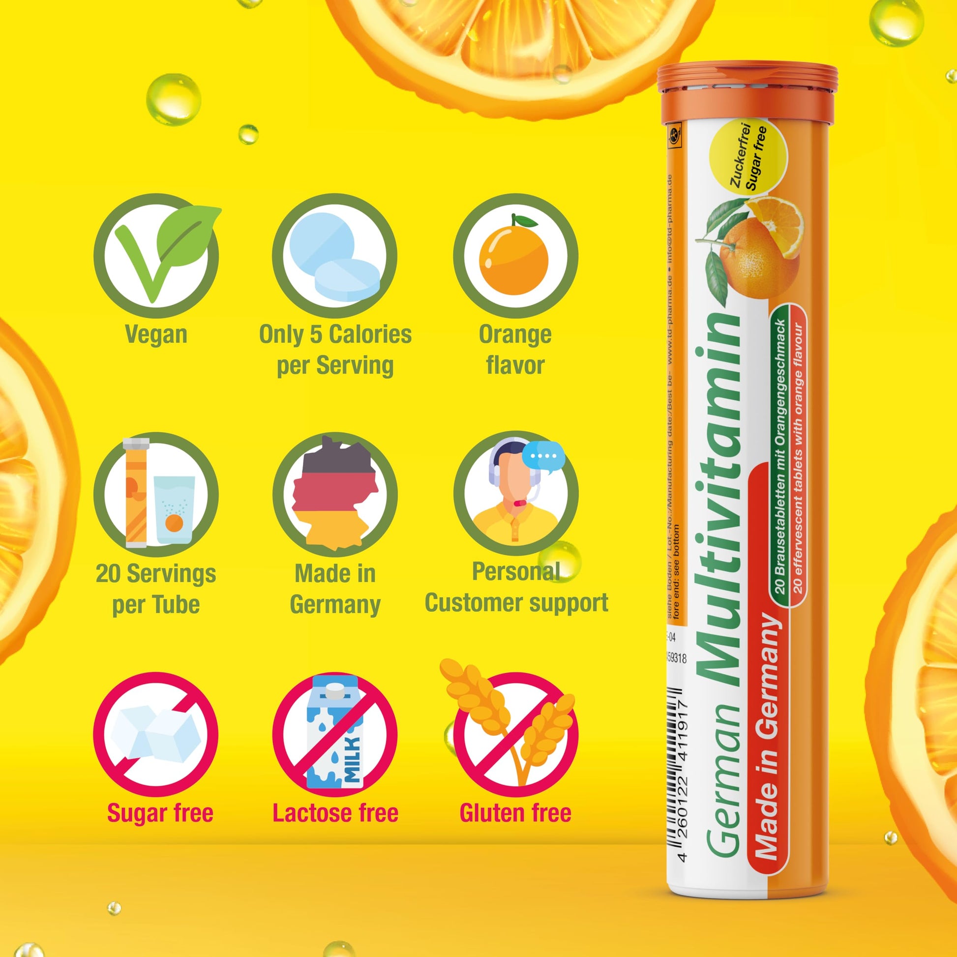 T&D German Multivitamin Drink Effervescnet Tablets 140 Servings Orange Flavour - Vitamin C, E, B1, B2, B6, B12, Biotin, Folic Acid, Niacin, Pantothenic Acid Pharma – Made in Germany T&D buy supplements Au