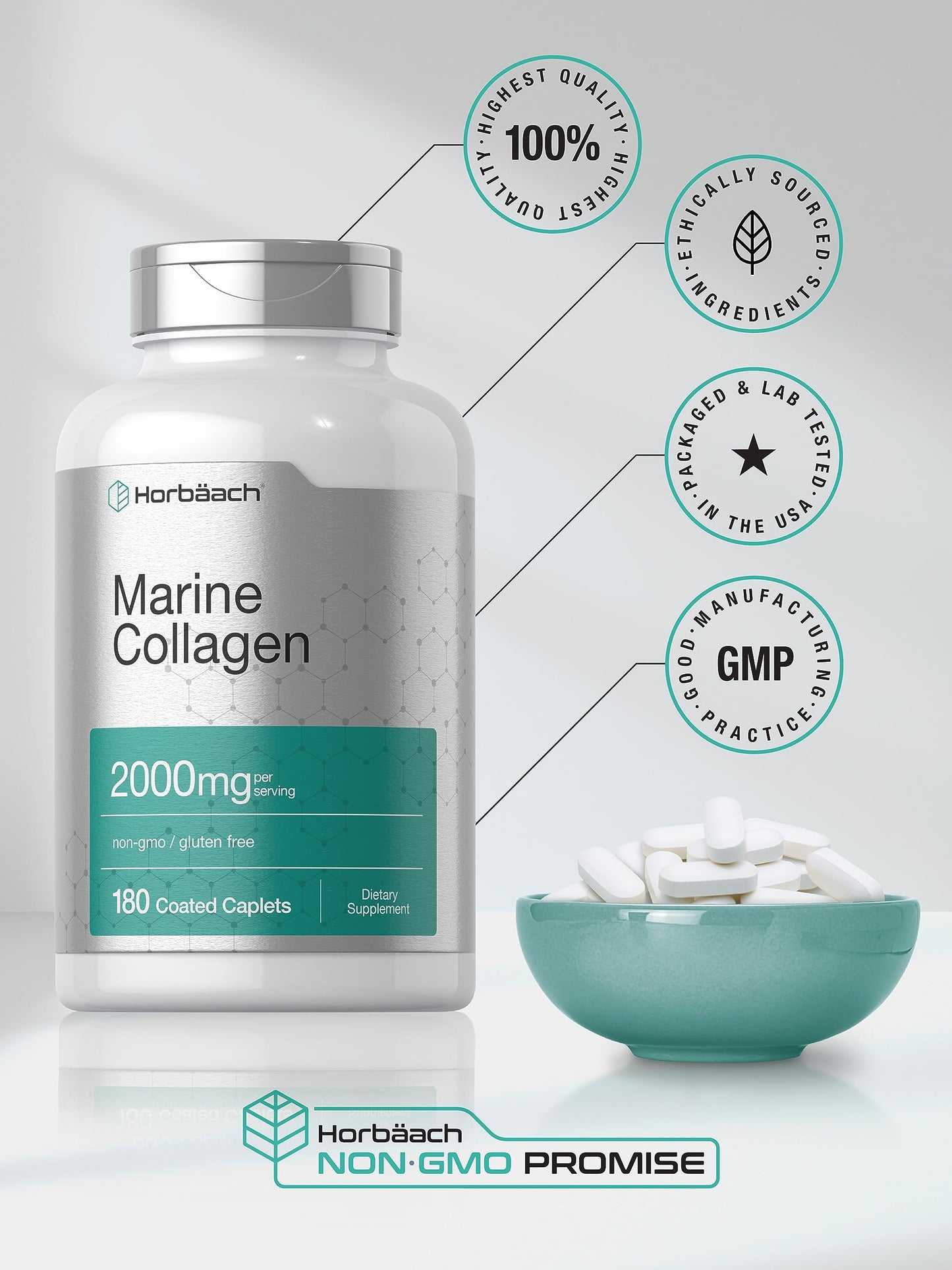 Horbäach Marine Collagen Peptides 2000mg | 180 Caplet Capsules | Type 1 with Calcium | Non-GMO, Gluten Free Supplement Horbäach buy supplements Au