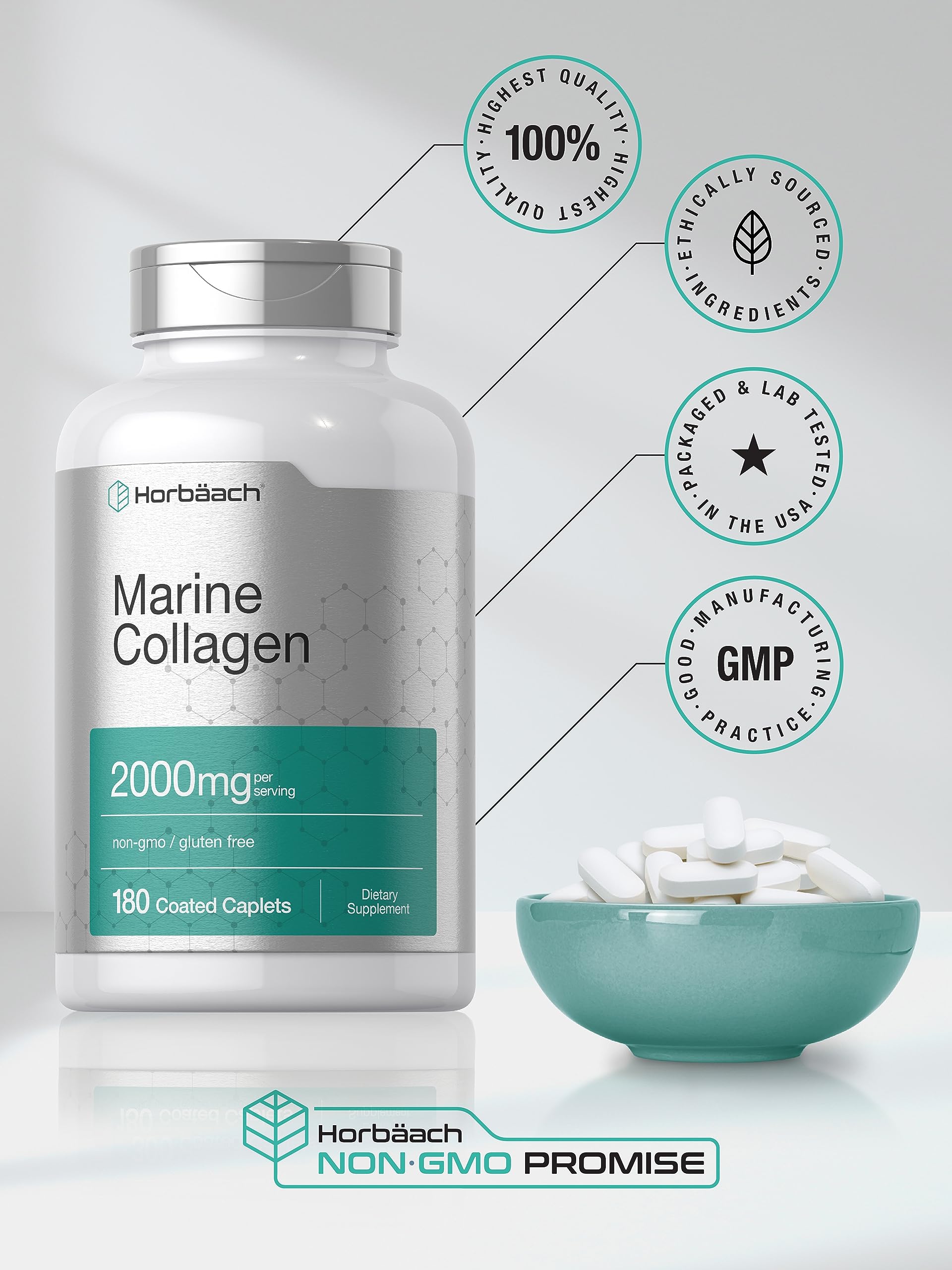 Horbäach Marine Collagen Peptides 2000mg | 180 Caplet Capsules | Type 1 with Calcium | Non-GMO, Gluten Free Supplement Horbäach buy supplements Au