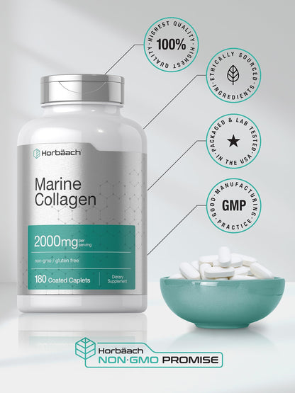 Horbäach Marine Collagen Peptides 2000mg | 180 Caplet Capsules | Type 1 with Calcium | Non-GMO, Gluten Free Supplement Horbäach buy supplements Au