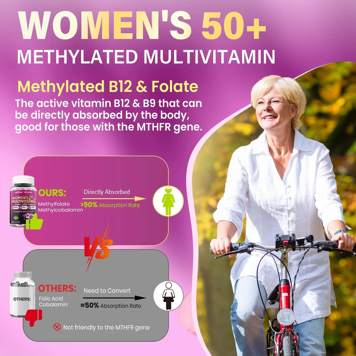 Multivitamin for Women 50 Plus Gummies, Vegan Omega 3, Methylfolate, Calcium, D3 K2, CoQ10, Daily Vitamin A C E, Methylated B12, Biotin, B Complex Nextdia