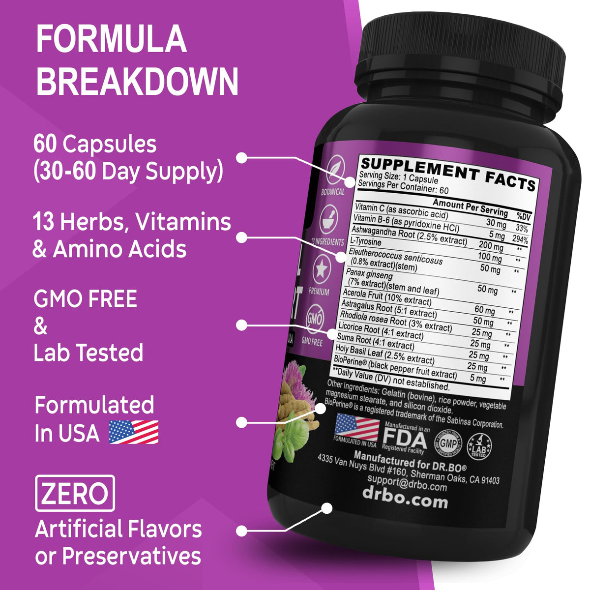 Adrenal Support Cortisol Manager Supplement - Adrenal Fatigue Supplements for Women & Men with Natural Adaptogen Ashwagandha Holy Basil Rhodiola L Tyrosine Complex Fatigue Cortisol Health - 60 Pills DR. BOBuy Supplements Australia