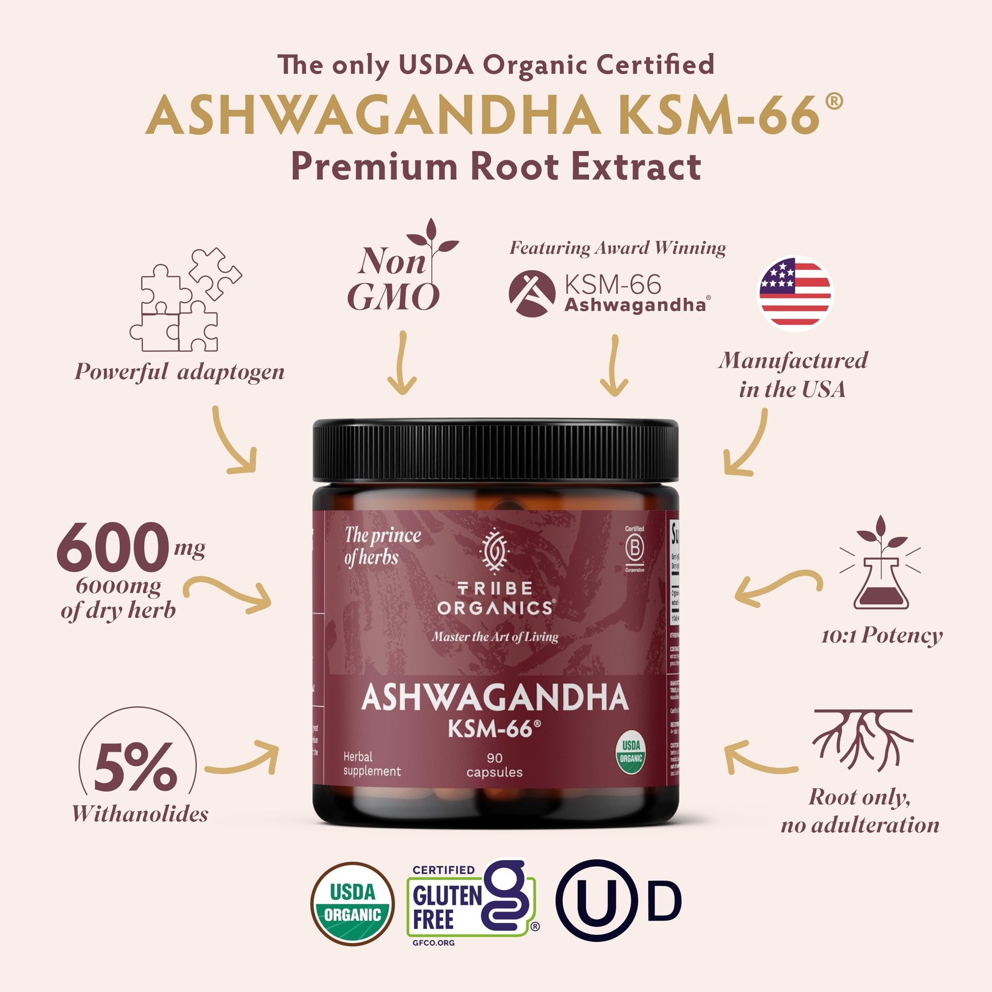 TRIBE ORGANICS Ashwagandha KSM 66 Pure Organic Root Powder Extract Ayurvedic Supplement - Focus Mood Support Increase Energy Strength 600mg of Natural KSM66 for Superior Absorption - 90 Capsules TRIBE ORGANICSBuy Supplements Australia