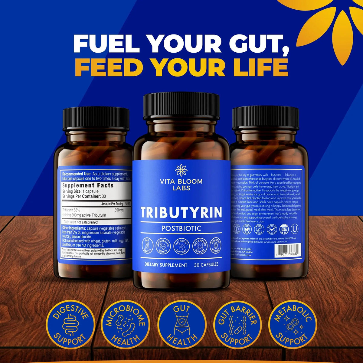 Tributyrin Supplement - Better Delivery & More Effective than Sodium Butyrate - Gut Health & Digestive Support - 3-in-1 Butyrate Postbiotics for Leaky Gut & Gut Barrier Support - 30 Capsules Vita Bloom LabsBuy Supplements Australia