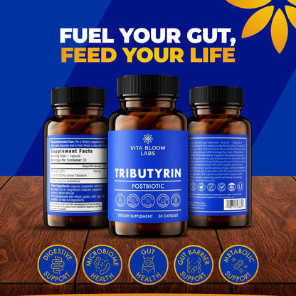 Tributyrin Supplement - Better Delivery & More Effective than Sodium Butyrate - Gut Health & Digestive Support - 3-in-1 Butyrate Postbiotics for Leaky Gut & Gut Barrier Support - 30 Capsules Vita Bloom LabsBuy Supplements Australia