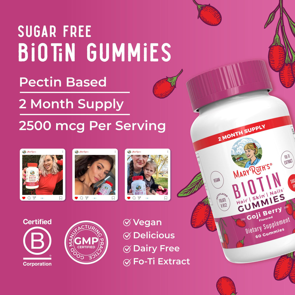 MaryRuth Organics Biotin Gummies | Sugar Free | Vegan | Non-GMO | 2,500 mcg Biotin Supplement | Hair Skin and Nails Vitamins | Hair Growth Vitamins | Hair Growth Supplement | 60 Count MARYRUTH'SBuy Supplements Australia