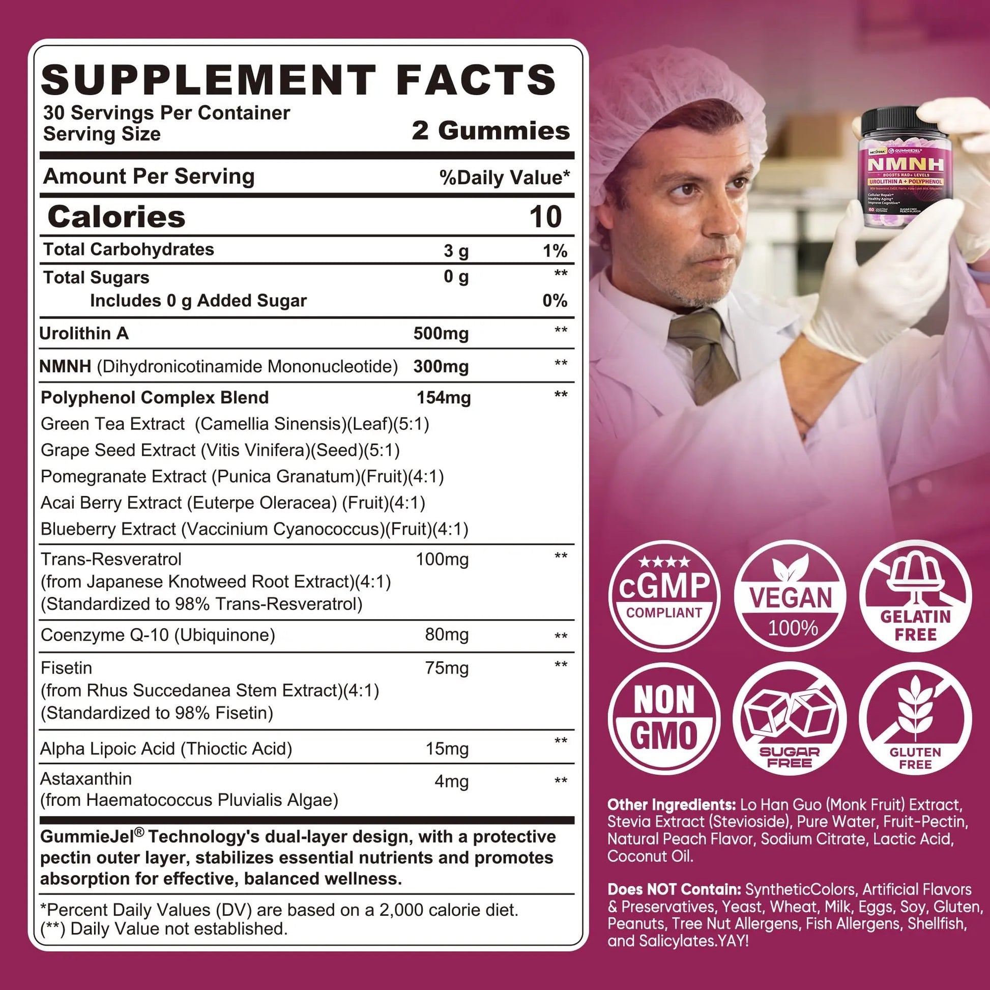 NMNH Gummies 300MG for Longevity with Urolithin A, Polyphenol Blend, Resveratrol, NAD+ Supplement for Women & Men Boost NAD+ Levels, Optimized Aging, Cell, DNA Repair, Energy, Focus, Sugar Free, 60cts NextdiaBuy Supplements Australia