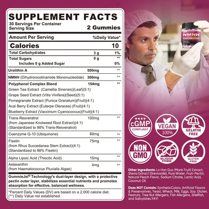 NMNH Gummies 300MG for Longevity with Urolithin A, Polyphenol Blend, Resveratrol, NAD+ Supplement for Women & Men Boost NAD+ Levels, Optimized Aging, Cell, DNA Repair, Energy, Focus, Sugar Free, 60cts NextdiaBuy Supplements Australia