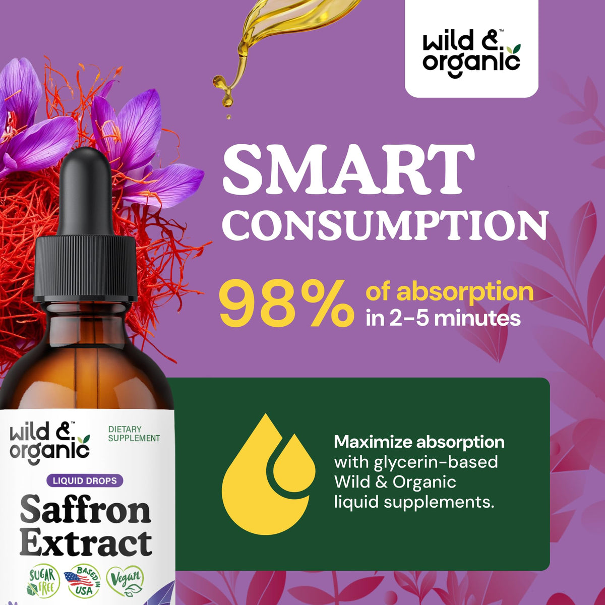 Wild & Organic Saffron Supplements 88.5 mg - Mood, Brain & Vision Support - Liquid Saffron Drops - Add to Tea - Crocus Sativus Herb Extract - Vegan, Sugar & Alcohol-Free Tincture - 2 fl oz Wild & Organic buy supplements Au