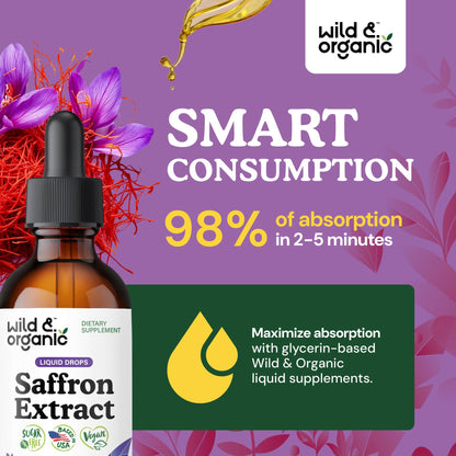 Wild & Organic Saffron Supplements 88.5 mg - Mood, Brain & Vision Support - Liquid Saffron Drops - Add to Tea - Crocus Sativus Herb Extract - Vegan, Sugar & Alcohol-Free Tincture - 2 fl oz Wild & Organic buy supplements Au
