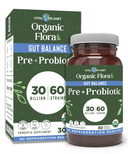 Vital Planet - Organic Flora Probiotics for Gut Health Balance, Shelf Stable Probiotic 30 Billion CFU, 60 Diverse Strains, Prebiotic Organic Mushroom Blend