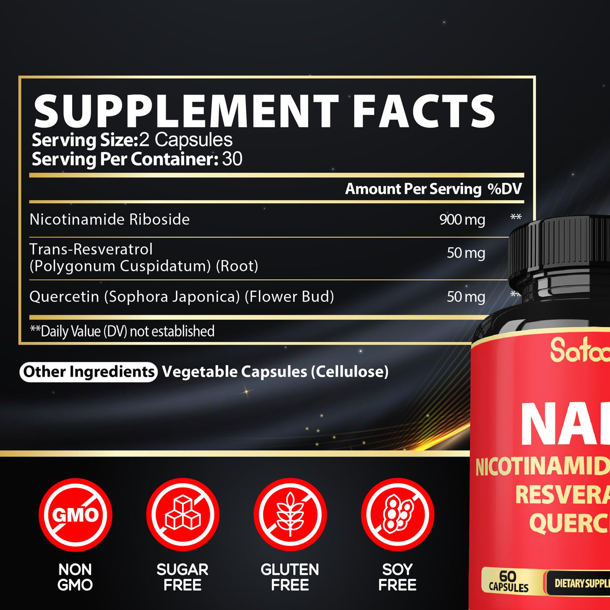 Satoomi NAD Supplement with Nicotinamide Riboside NR, Resveratrol, Quercetin - 60 Count - 30 Days SatoomiBuy Supplements Australia