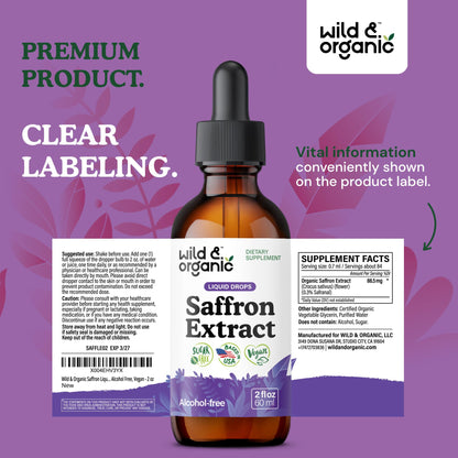Wild & Organic Saffron Supplements 88.5 mg - Mood, Brain & Vision Support - Liquid Saffron Drops - Add to Tea - Crocus Sativus Herb Extract - Vegan, Sugar & Alcohol-Free Tincture - 2 fl oz Wild & Organic buy supplements Au