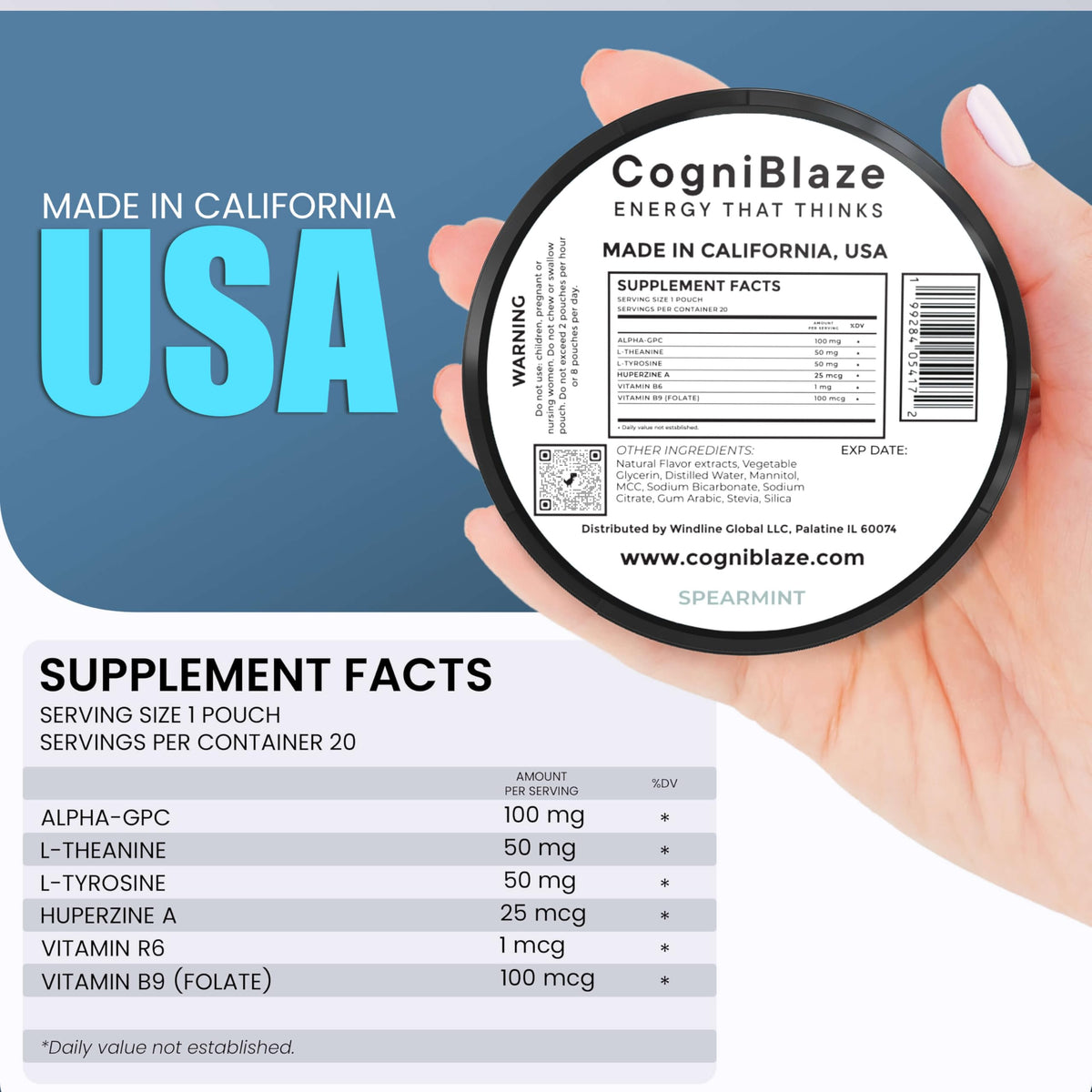 CogniBlaze Nootropic Pouches Caffeine Free (Spearmint) | 80 Focus Pouches for Clarity | 4 Pack (20 Per Can) | Mental Energy Pouches | 25mcg Huperzine A per Nootropic Pouch | Zero Calories CogniBlazeBuy Supplements Australia