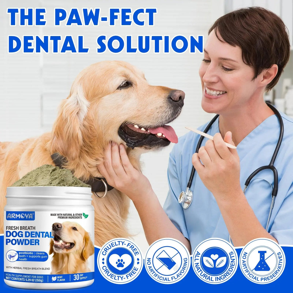 Dog Teeth Cleaning Powder - Dental Powder for Dogs Teeth - Plaque Removal - Supports Gum Health - Tartar Remover with Natural Herb Blend and Postbiotics 30 Day Supply - Mint Flavor ARMOYABuy Supplements Australia