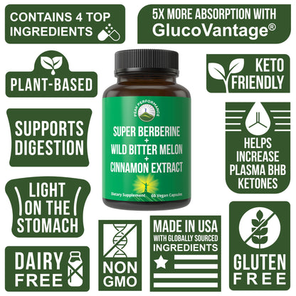Ultra High Strength 4-in-1 Super Berberine Patented GlucoVantage + Wild Bitter Melon + Cinnamon Extract + Chromium Picolinate Vegan Capsules. Great Supplement to Support After-Meal Spikes and Energy Peak PerformanceBuy Supplements Australia