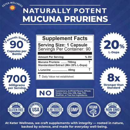 Mucuna Pruriens 20% L-Dopa – Standardized Velvet Bean Extract for Natural Dopamine, Focus & Mood Support – Pure 8:1 Concentrated Herbal Supplement – Vegan, Non-GMO, 90 Capsules Keter WellnessBuy Supplements Australia