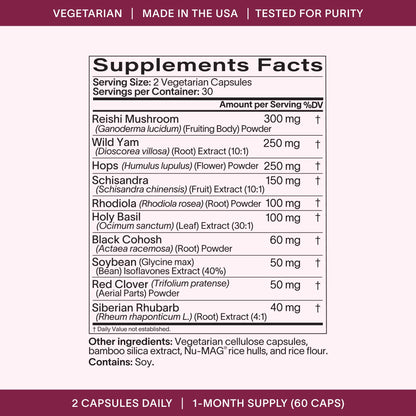 Ladywell Perimeno - Perimenopause Support - Support for Mood, Mental Clarity, Sleep & Hot Flashes - Black Cohosh, Reishi, Wild Yam, Holy Basil, Schisandra, Rhodiola, Siberian Rhubarb / 60 Veg Caps LadywellBuy Supplements Australia