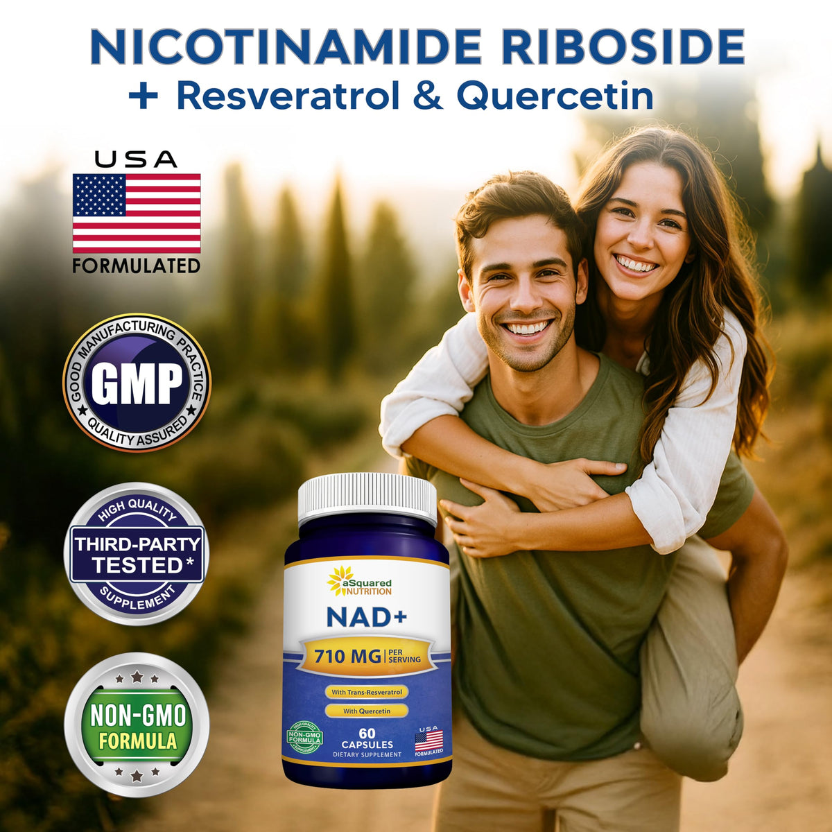 aSquared Nutrition NAD Resveratrol Supplement - NAD+ Nicotinamide Riboside 500mg (Vitamin B3) Plus Trans-Resveratrol & Quercetin - NMN Alternative for Men & Women - 60 Capsules aSquared NutritionBuy Supplements Australia