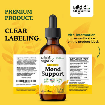 Wild & Organic Mood Support Drops - Good Mood Supplements w/Ashwagandha Root & Rhodiola Rosea - Natural Liquid Drops for Positive Energy - Calm and Relax Supplements for Women and Men - 2 oz Wild & Organic buy supplements Au