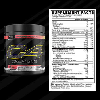 C4 Ultimate Pre Workout Powder Watermelon - Sugar Free Preworkout Energy Supplement for Men & Women - 300mg Caffeine + 3.2g Beta Alanine