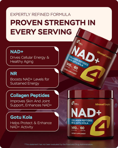 Gotu Kola and NAD Plus Supplement 1400mg - NMNH Supplement Alternative Supports Healthy Aging Complex with Nicotinamide Riboside & Gotu Kola, Collagen - Formula for Energy, Skin & Cognitive, 60 Caps 4Well ProductsBuy Supplements Australia
