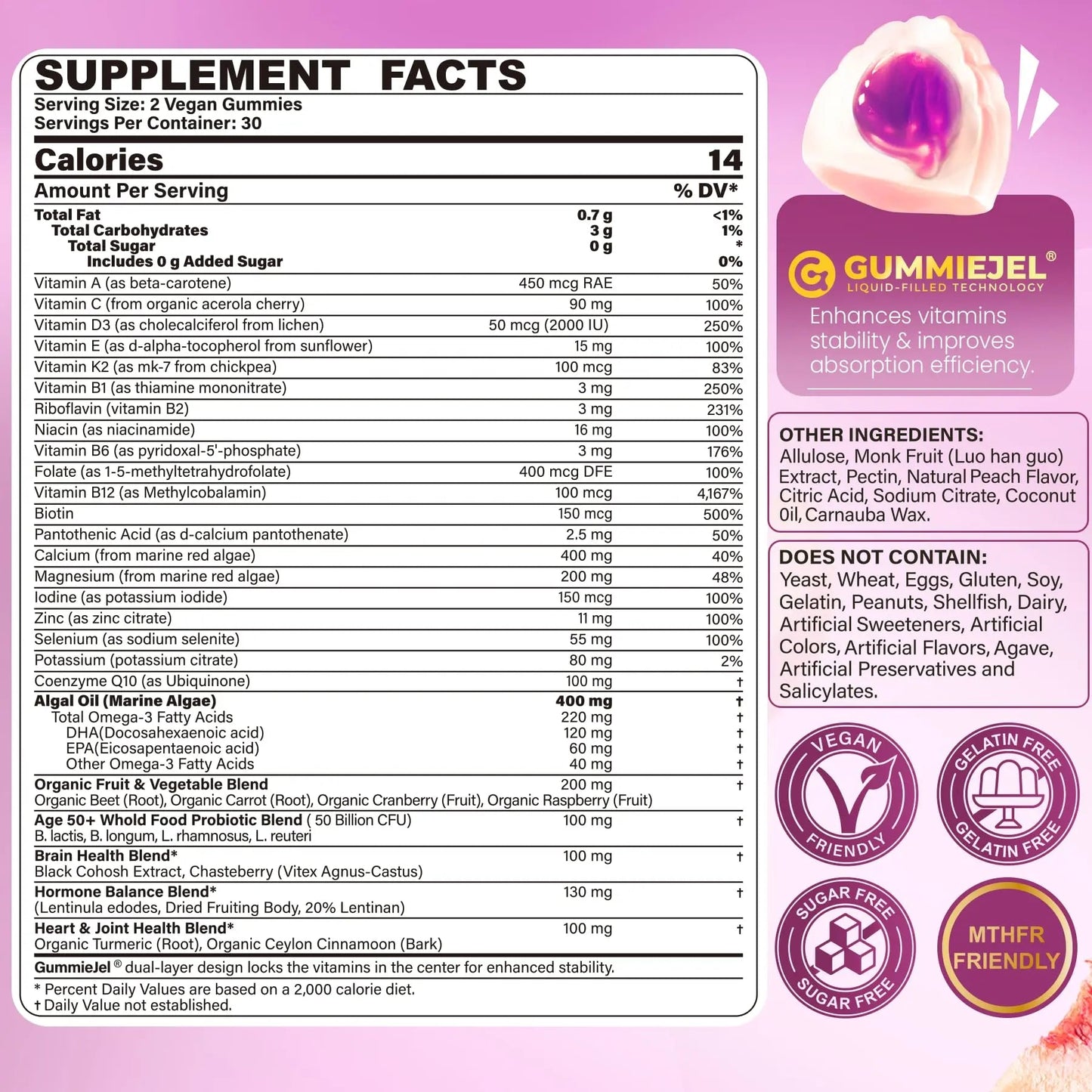 Multivitamin for Women 50 Plus Gummies, Vegan Omega 3, Methylfolate, Calcium, D3 K2, CoQ10, Daily Vitamin A C E, Methylated B12, Biotin, B Complex Nextdia