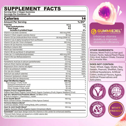 Multivitamin for Women 50 Plus Gummies, Vegan Omega 3, Methylfolate, Calcium, D3 K2, CoQ10, Daily Vitamin A C E, Methylated B12, Biotin, B Complex Nextdia
