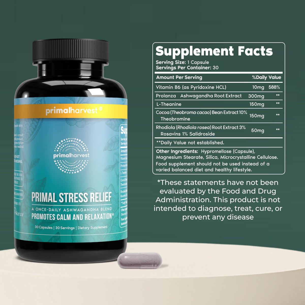 Primal Harvest Stress Relief Supplement for Women and Men Pure Ashwagandha Root Extract, L-Theanine Supplements, 30 Capsules Primal HarvestBuy Supplements Australia