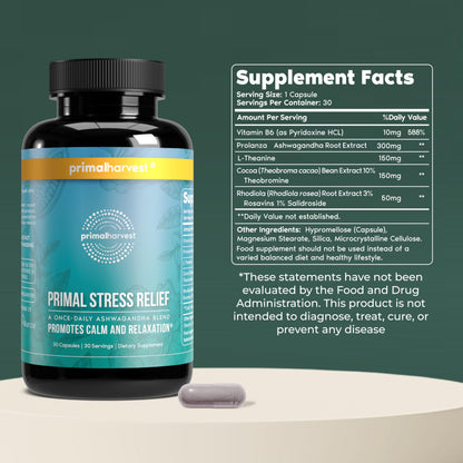 Primal Harvest Stress Relief Supplement for Women and Men Pure Ashwagandha Root Extract, L-Theanine Supplements, 30 Capsules Primal HarvestBuy Supplements Australia