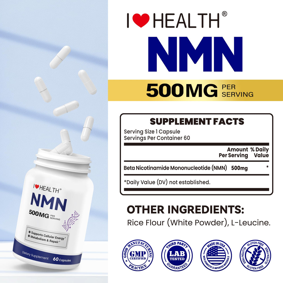 NMN 500MG Per Capsule – High Purity 99.9% NMN, NAD+ Support for Cellular Energy & Healthy Aging, 60 Capsules, Third-Party Tested, cGMP Made in USA I LOVE HEALTHBuy Supplements Australia