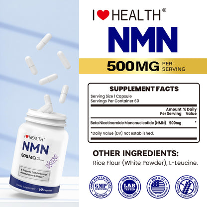 NMN 500MG Per Capsule – High Purity 99.9% NMN, NAD+ Support for Cellular Energy & Healthy Aging, 60 Capsules, Third-Party Tested, cGMP Made in USA I LOVE HEALTHBuy Supplements Australia