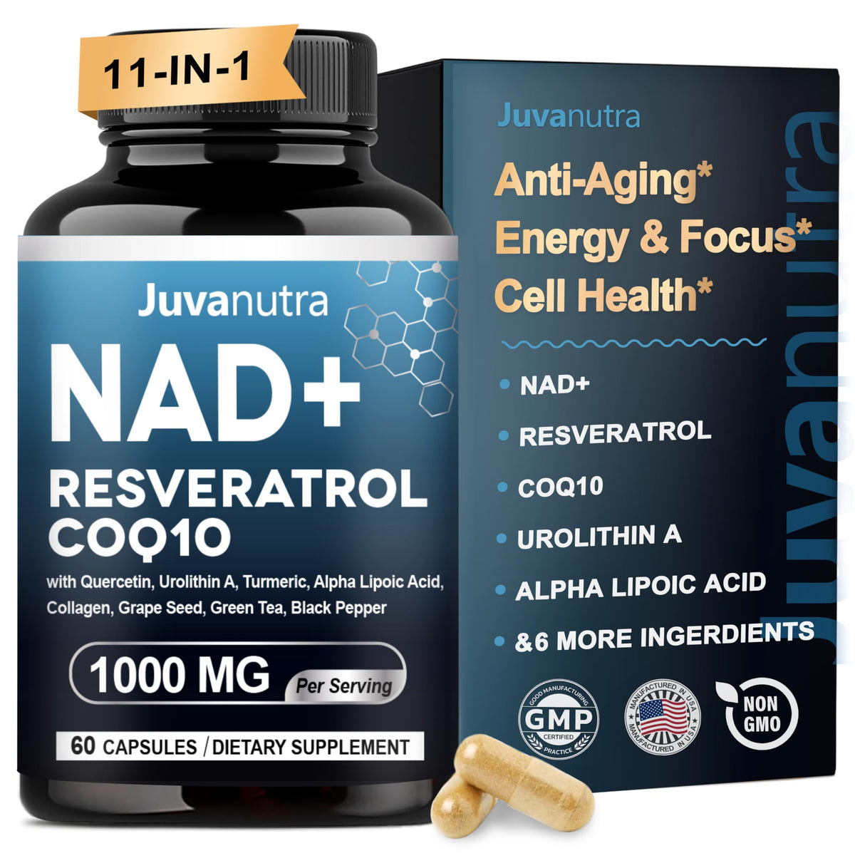 Juvanutra NAD+ Resveratrol CoQ10 supplement bottle and packaging on a white background