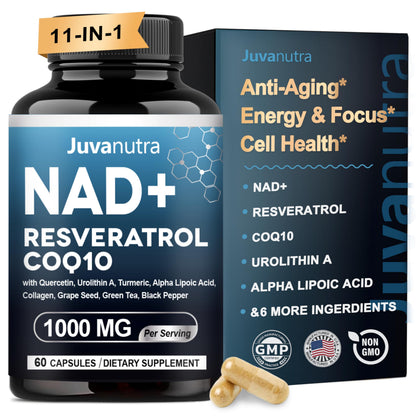 Juvanutra NAD+ Resveratrol CoQ10 supplement bottle and packaging on a white background