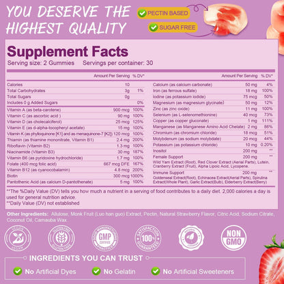 Totaria Sugar Free Multivitamin Gummies for Women 14+ w/Iron, Inositol, Folate, Biotin, Womens Daily Multivitamin Gummy w/Vitamin A, C, B, D3, K2 TotariaBuy Supplements Australia