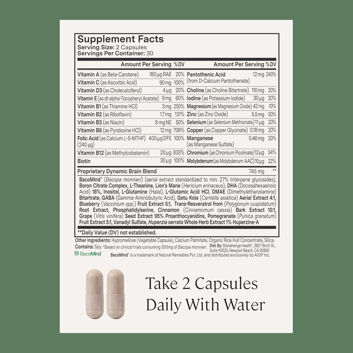 Stonehenge Health Dynamic Brain – BacoMind® Bacopa Nootropic Formula – Memory, Recall & Retention, Phosphatidylserine, Huperzine A, DHA & Choline – 40 Brain-Boosting Ingredients – Non-GMO, 60 Caps Stonehenge HealthBuy Supplements Australia