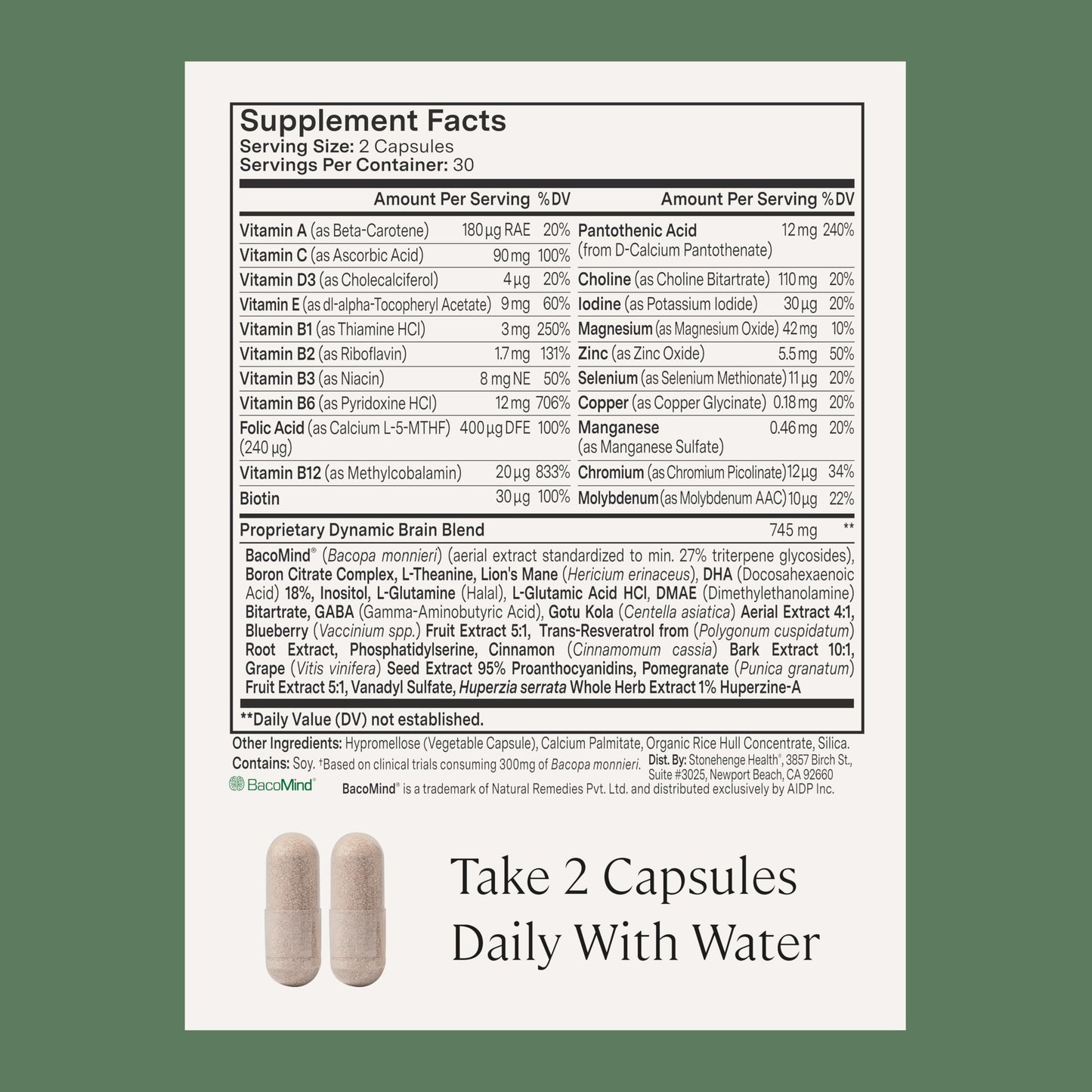 Stonehenge Health Dynamic Brain – BacoMind® Bacopa Nootropic Formula – Memory, Recall & Retention, Phosphatidylserine, Huperzine A, DHA & Choline – 40 Brain-Boosting Ingredients – Non-GMO, 60 Caps Stonehenge HealthBuy Supplements Australia