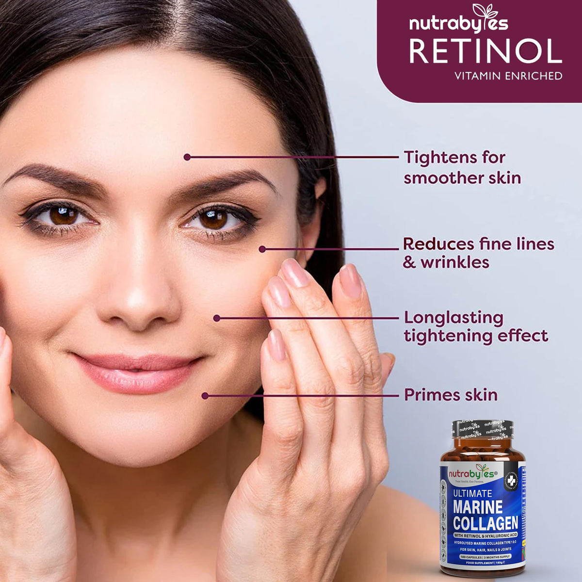 High Strength Marine Collagen with Hyaluronic Acid, Retinol and Vitamin C | 180 Capsules - 3 Months Supply NUTRABYTESBuy Supplements Australia