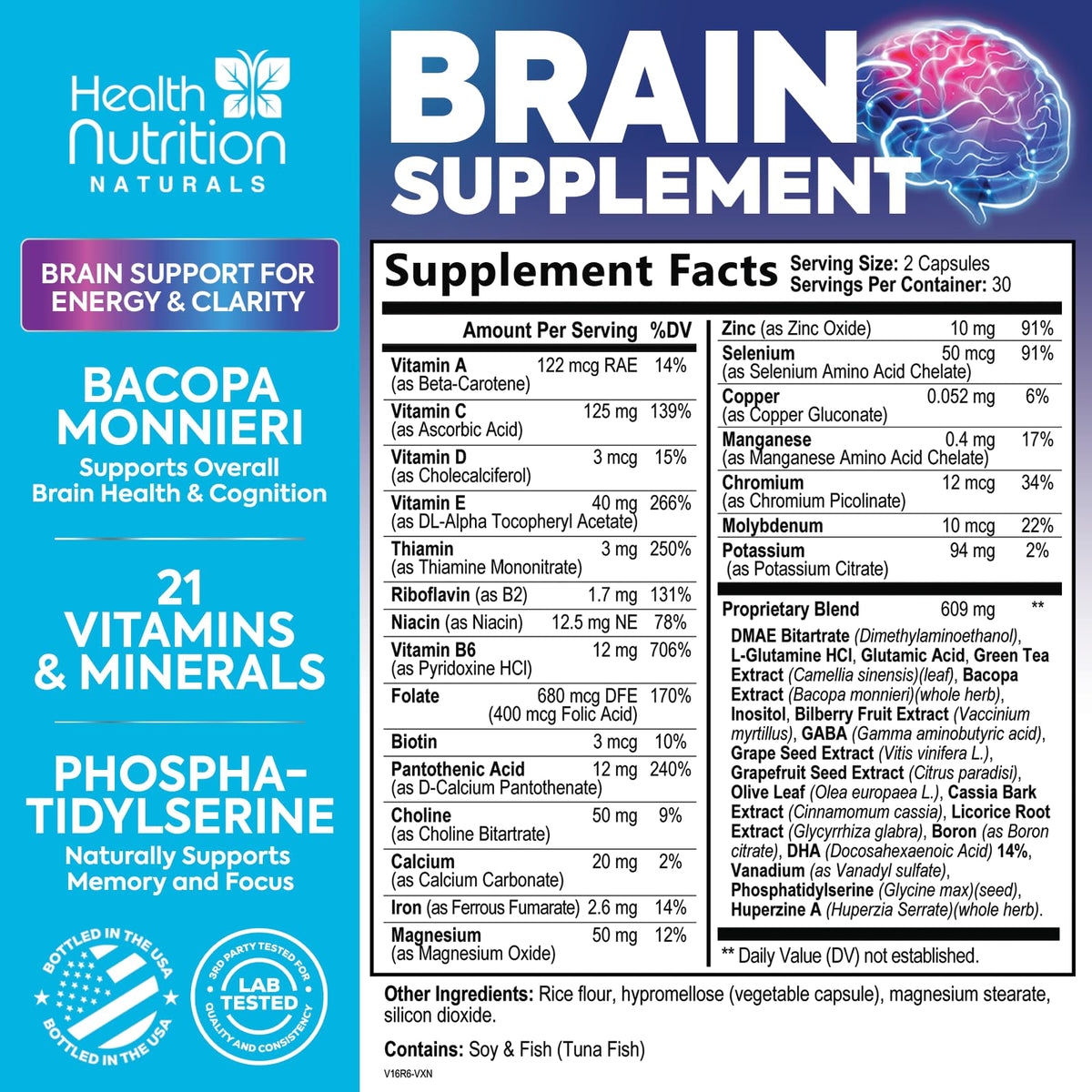 Brain Memory Supplement - 3X Strength Nootropics for Concentration, Clarity & Focus Support - Brain Health Cognitive Vitamins with Bacopa, Phosphatidylserine & DMAE 609mg, Brain Booster, 60 Capsules Health Nutrition NaturalsBuy Supplements Australia