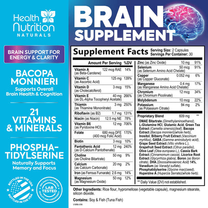 Brain Memory Supplement - 3X Strength Nootropics for Concentration, Clarity & Focus Support - Brain Health Cognitive Vitamins with Bacopa, Phosphatidylserine & DMAE 609mg, Brain Booster, 60 Capsules Health Nutrition NaturalsBuy Supplements Australia