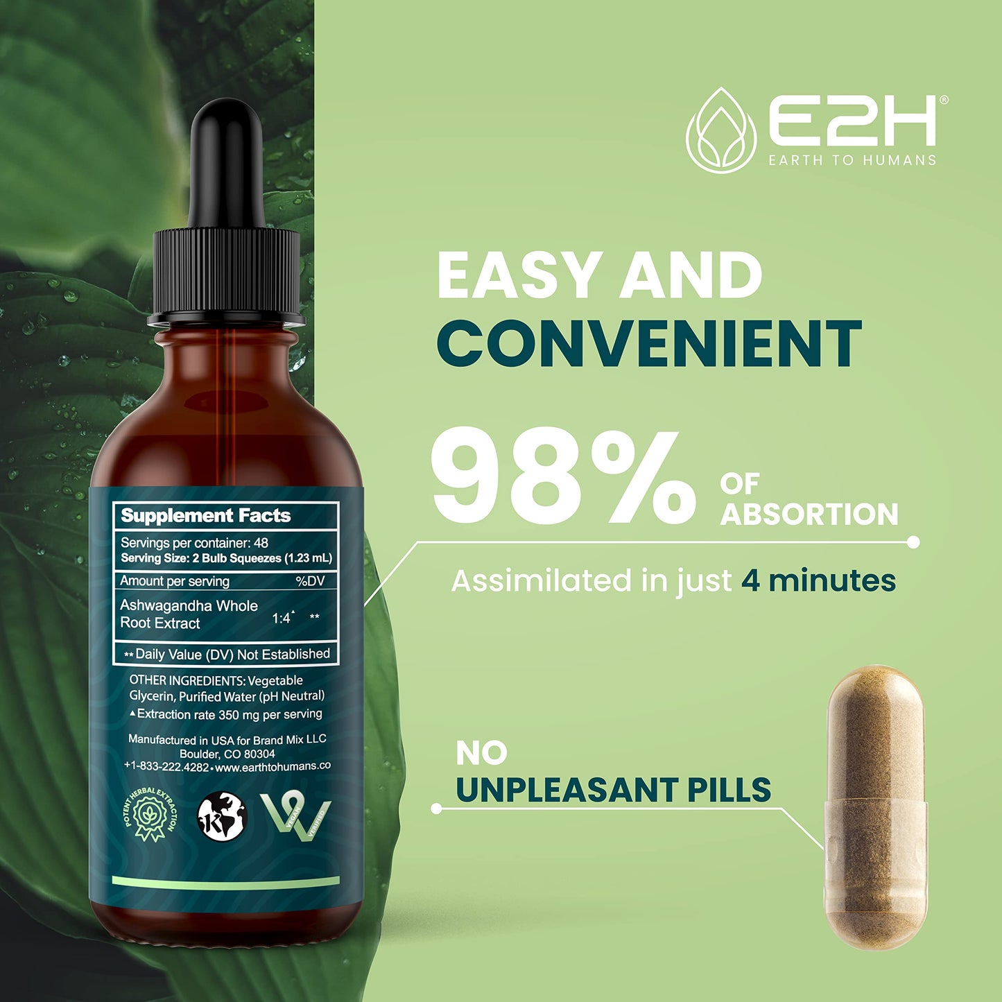 E2H Ashwagandha Liquid Drops - All-Natural Ashwagandha Supplement for Stress Relief and Mood Enhancer- Organic Ashwagandha Root Extract Effective Cortisol Manager | Non-GMO, Vegan | 2 Fl Oz E2H EARTH TO HUMANSBuy Supplements Australia