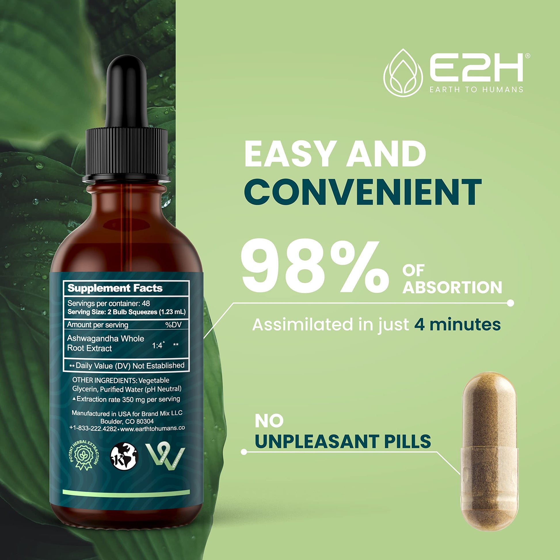 E2H Ashwagandha Liquid Drops - All-Natural Ashwagandha Supplement for Stress Relief and Mood Enhancer- Organic Ashwagandha Root Extract Effective Cortisol Manager | Non-GMO, Vegan | 2 Fl Oz E2H EARTH TO HUMANSBuy Supplements Australia