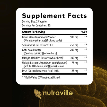 Nutraville CogniSurge Nootropics Brain Support Supplement for Memory and Focus - Nature-Powered Lion's Mane Supplement Capsules with Shilajit - No Caffeine or Stimulants - 30 Servings NutravilleBuy Supplements Australia